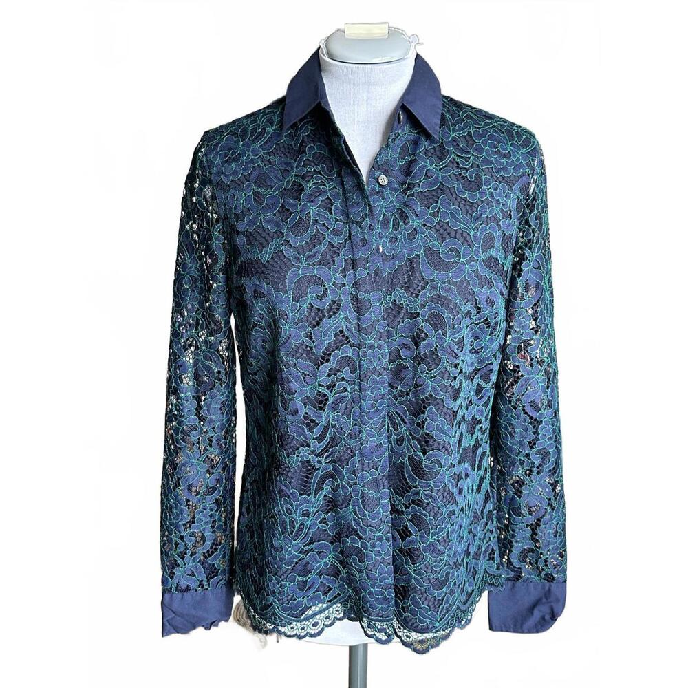 J.Crew Vintage Women's Navy Blue Lace Long Sleeve Blouse | Size 2
